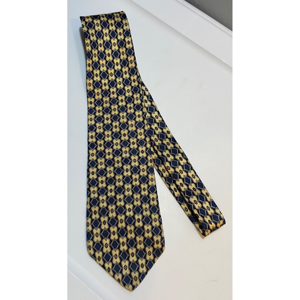 Geoffrey Beene Mens Silk Tie Navy Blue Gold Geometric Pattern Necktie Classic